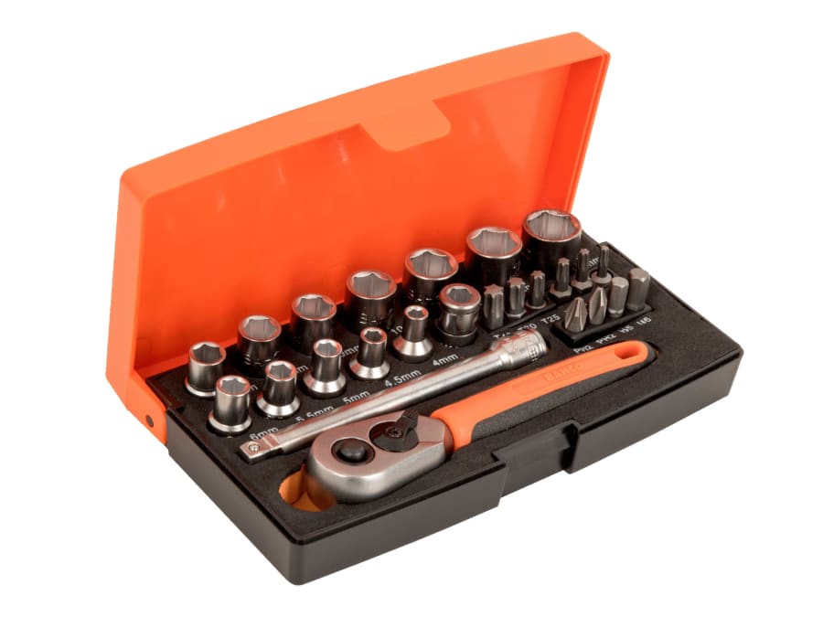 Bahco SL25 1/4in Drive Socket Set with Screwdriver Bits & Bit Holder 25 Piece