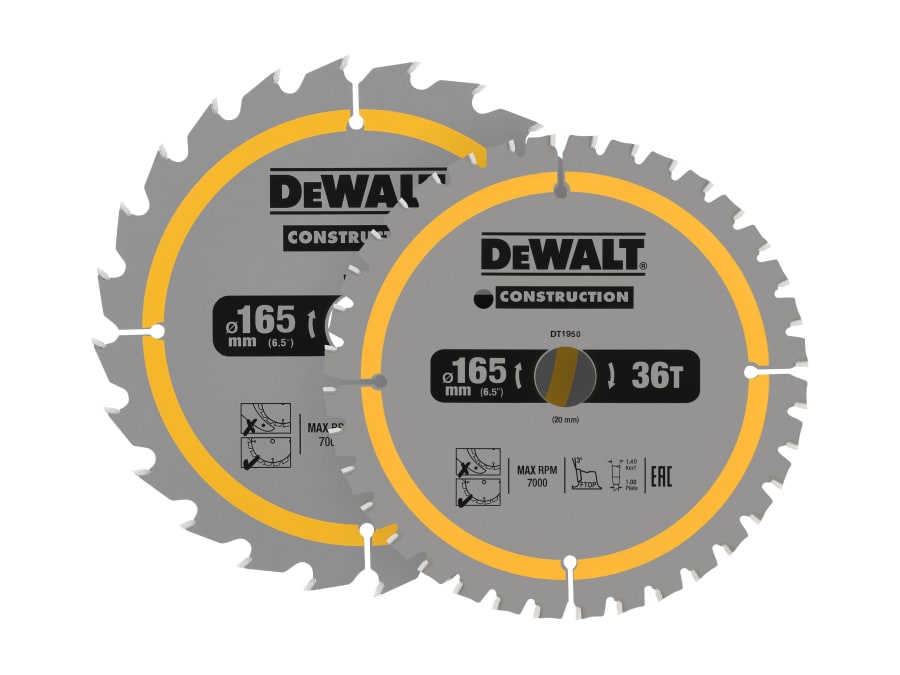Dewalt Power Tools Dewalt DT90270QZ 165 x 20mm Circular Saw Blade 24T/36T 2 Pack