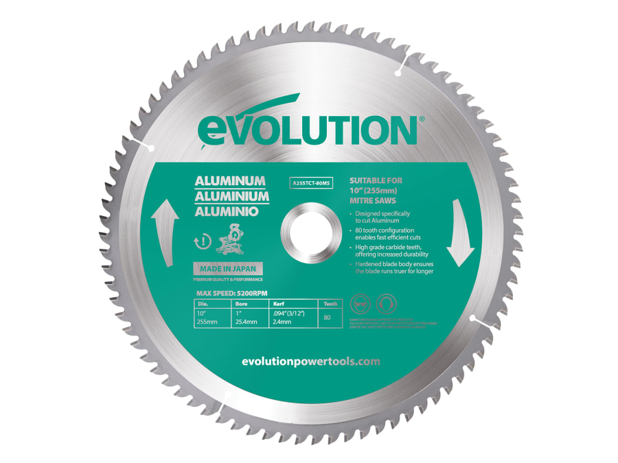 Evolution A255TCT80MS 255mm x 25.4mm 80T Aluminium Cutting Mitre Saw Blade
