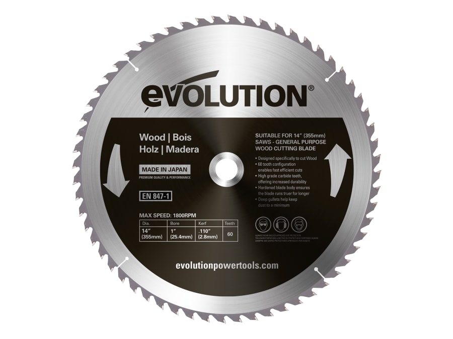 Evolution GW355TCT60 355mm x 2.8mm x 25.4mm 60T Wood Cutting Circular Saw Blade