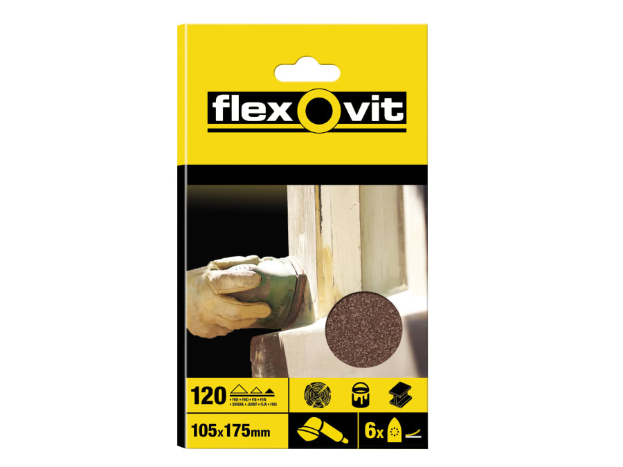 Flexovit 63642526405 105x175mm Sanding Sheets 120 Grit Pack of 6