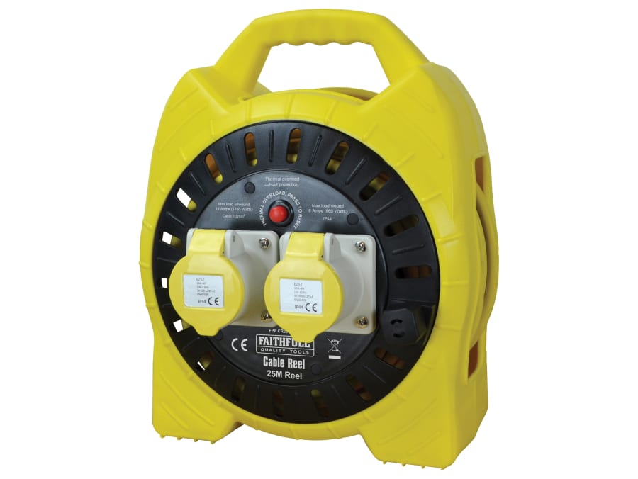 Faithfull Power Plus 25m 110V 16A Semi-Enclosed Cable Reel with 2 Sockets
