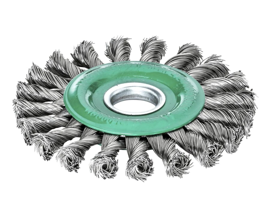 Lessmann 472811 Knot Wheel Brush 115 x 14mm 22.2mm Bore 0.50mm Stainless Steel Wire