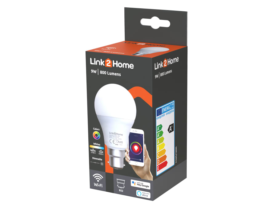 Link2home L2HB229W Wi-Fi LED BC Opal GLS Dimmable Bulb White RGB 800 lm 9W