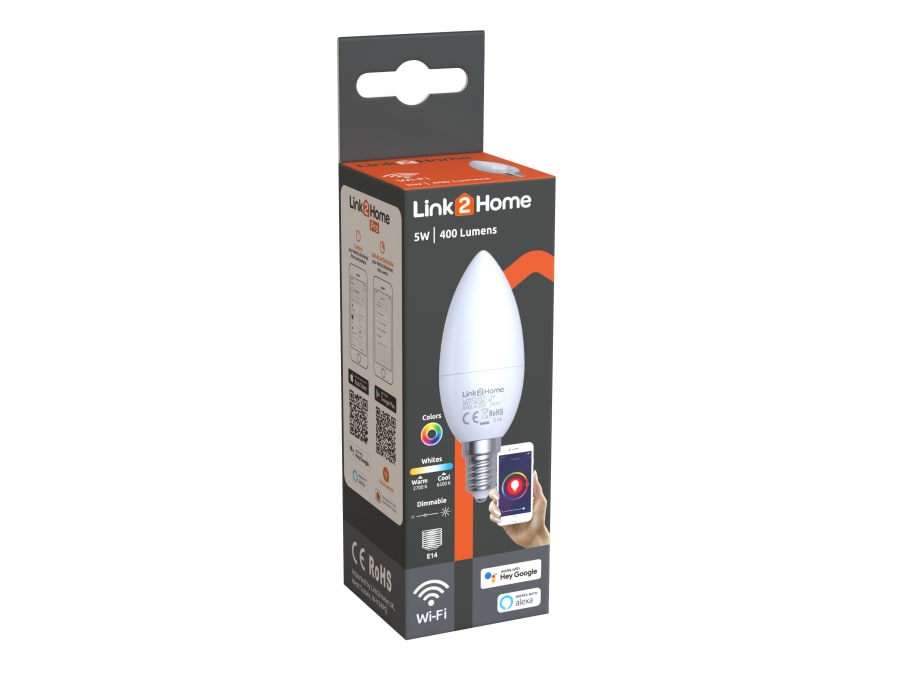 Link2home L2HE145W Wi-Fi LED SES (E14) Opal Candle Dimmable Bulb 5W 400lm White + RGB