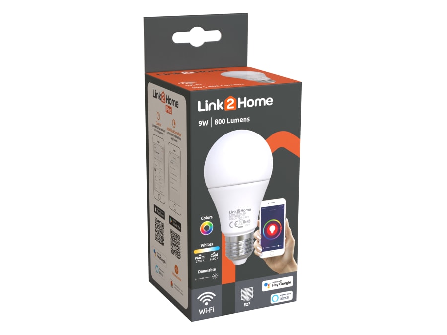 Link2home L2HE279W Wi-Fi LED ES Opal GLS Dimmable Bulb 9W White + RGB