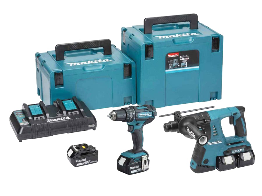 Makita DLX2137PTJ 18V Combi Drill & SDS+ Rotary Hammer Twin Pack with 4 × 5.0Ah Batteries