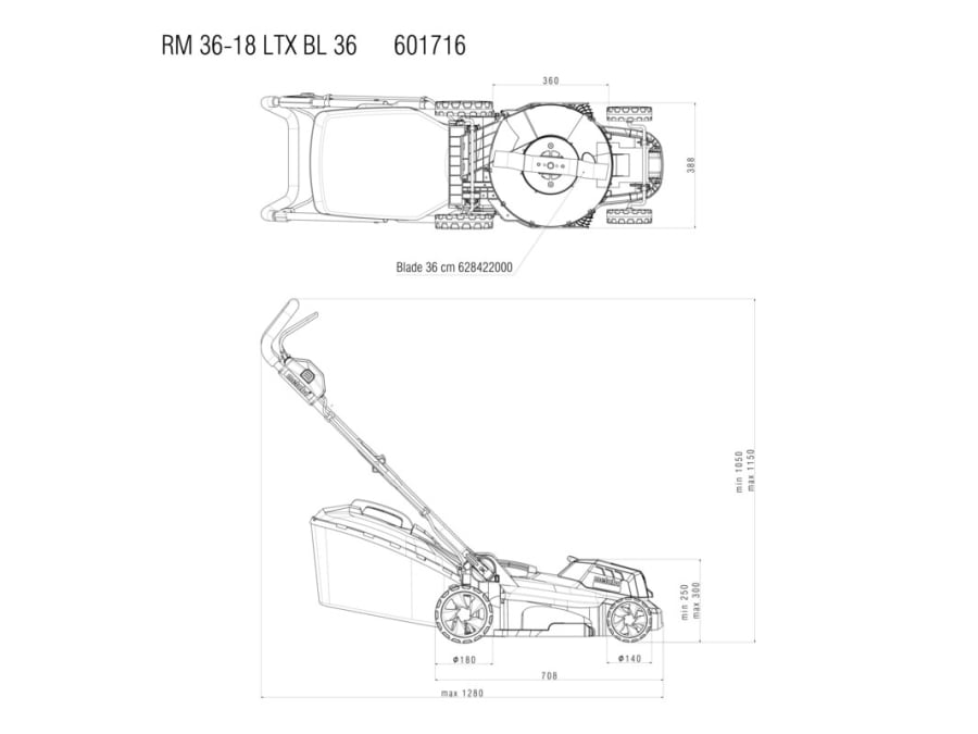 Metabo 601716850 RM 36-18 LTX BL 36 18V Lawn Mower Bare Unit