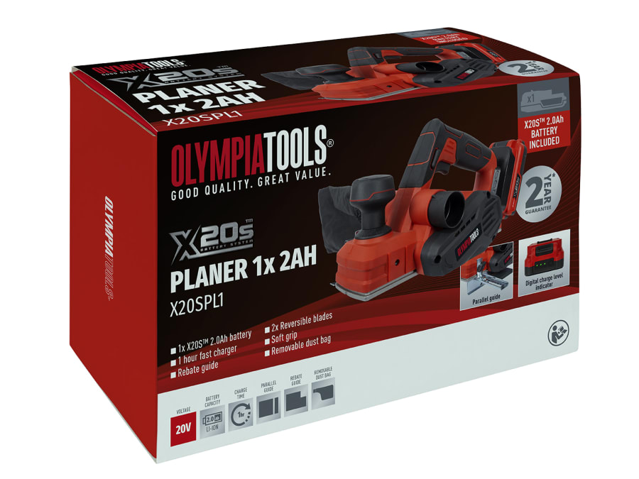 Olympia Power Tools 09965 X20S Planer 20V with 1 × 2.0Ah Battery