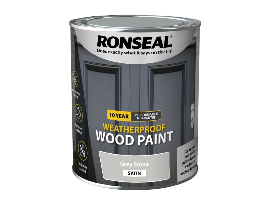 Ronseal 38791 10 Year Weatherproof Wood Paint Grey Stone Satin 750ml