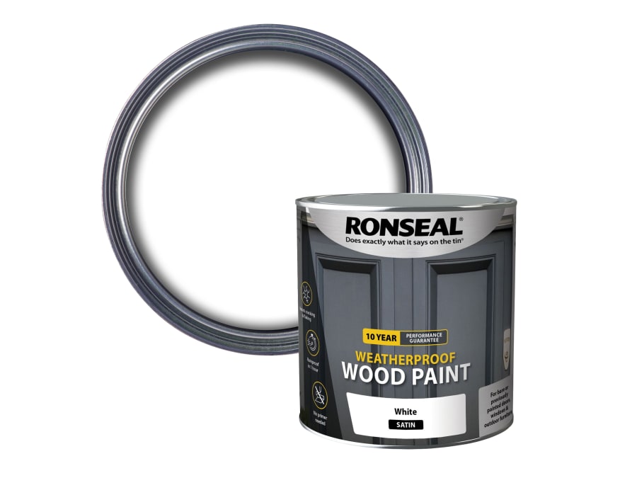 Ronseal 38795 10 Year Weatherproof Wood Paint White Satin 2.5 Litre