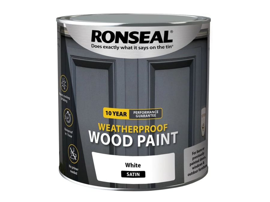 Ronseal 38795 10 Year Weatherproof Wood Paint White Satin 2.5 Litre