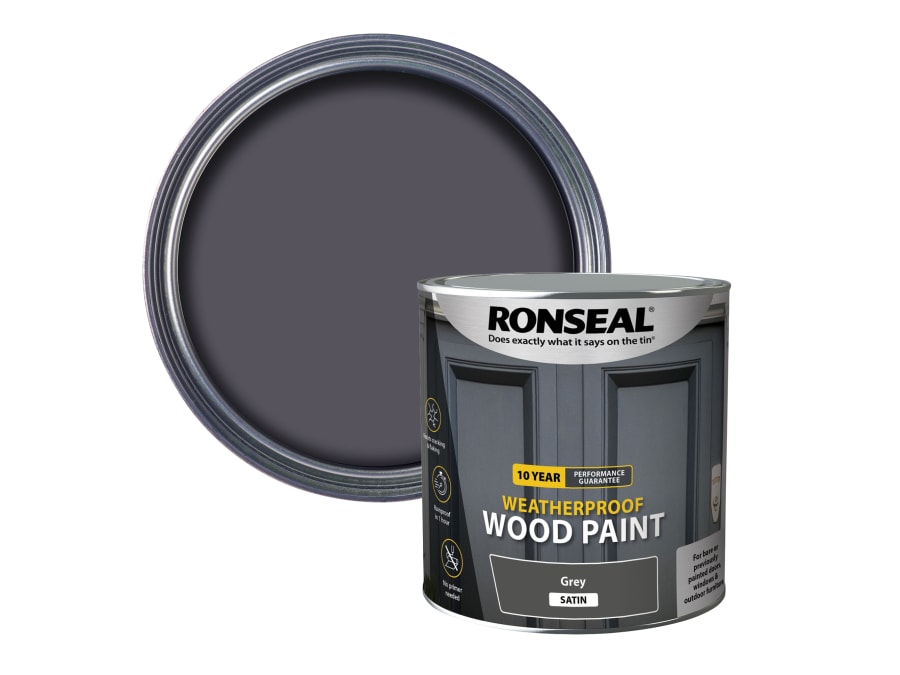 Ronseal 38796 10 Year Weatherproof Wood Paint Grey Satin 2.5 Litre