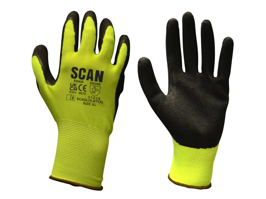 Scan Hi-Vis Yellow Foam Latex Coated Gloves Size 8