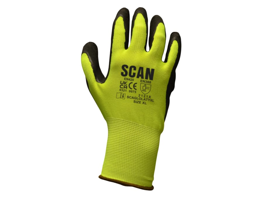 Scan 2ARK49L26 Hi-Vis Yellow Foam Latex Coated Gloves XL