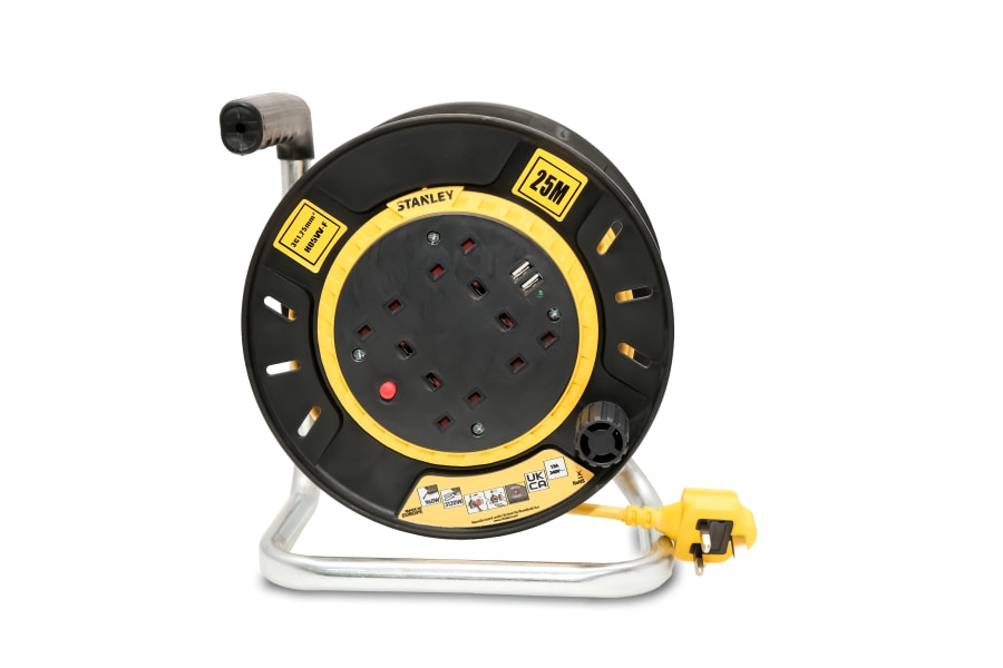 Stanley Electrical SXECGT2OHSE 25m Open Drum Cable Reel 240V 13A 4-Socket + 2 USB