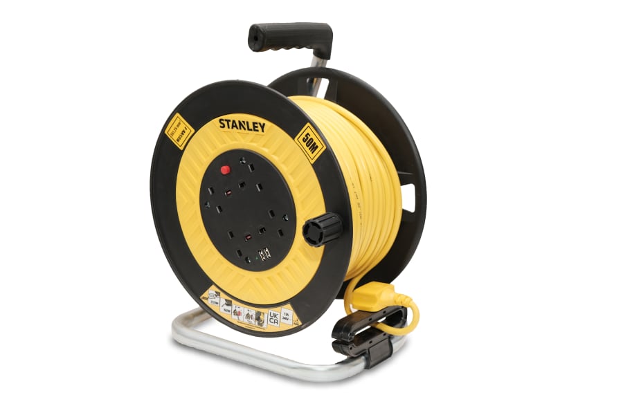 Stanley Electrical SXECGL2OHXE 50m Open Drum Cable Reel 240V 13A 4-Socket + 2 USB