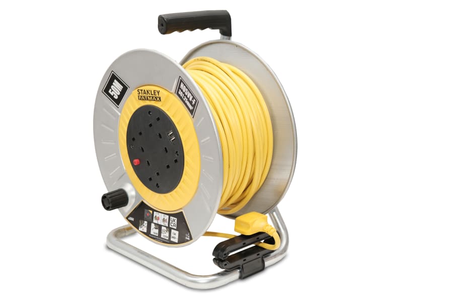 Stanley Electrical SXECGM2OHXE 50m Open Metal Drum Cable Reel 240V 13A 4-Socket + 2 USB
