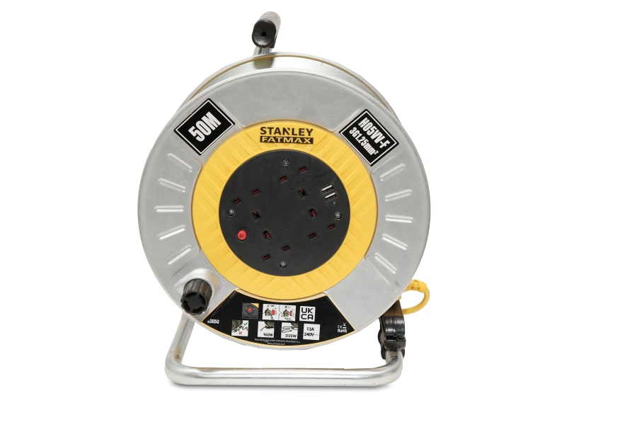 Stanley Electrical SXECGM2OHXE 50m Open Metal Drum Cable Reel 240V 13A 4-Socket + 2 USB
