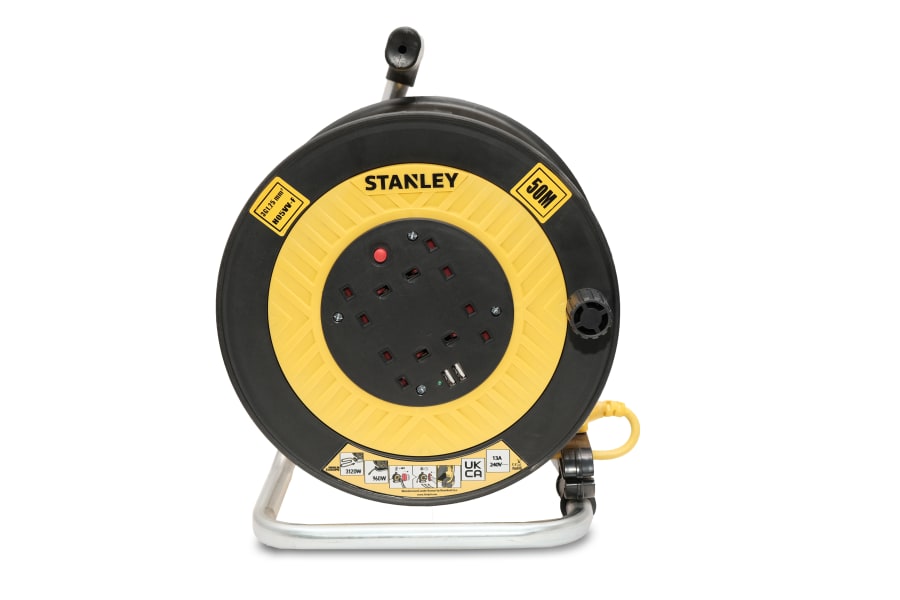Stanley Electrical SXECGL2OHXE 50m Open Drum Cable Reel 240V 13A 4-Socket + 2 USB