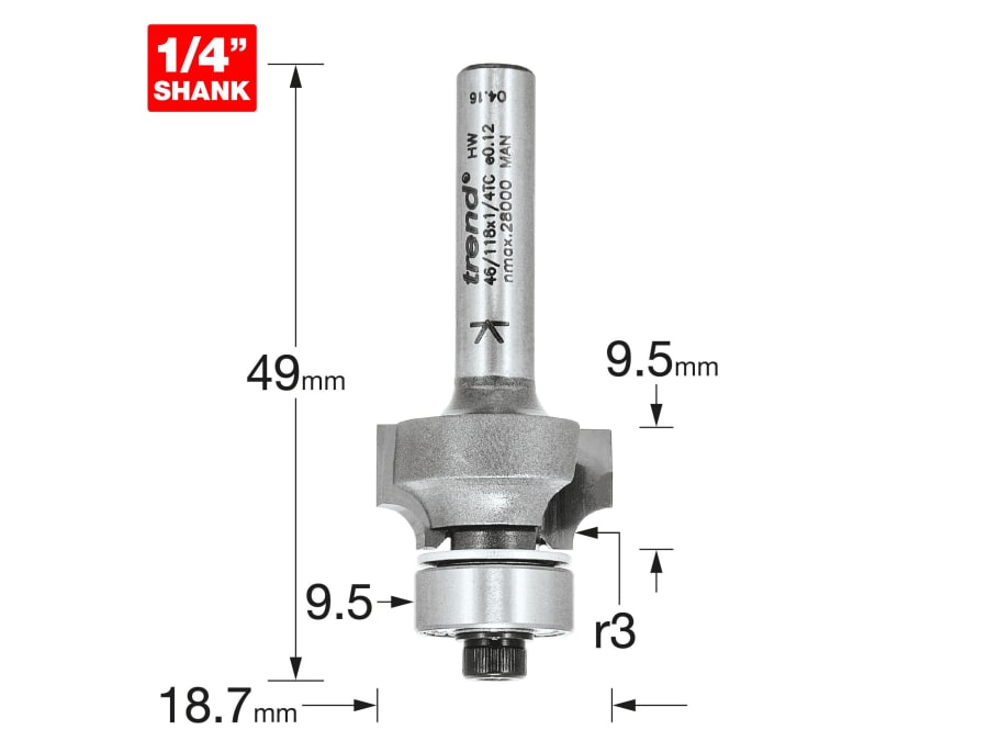 Trend 46118X14TC 1/4in Bearing Guided Ovolo & Round Over Router Cutter 3mm Radius