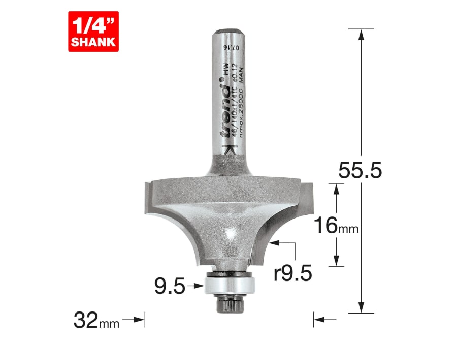Trend 46140X14TC 1/4" Bearing Guided Ovolo & Round Over Router Cutter 9.5mm Radius