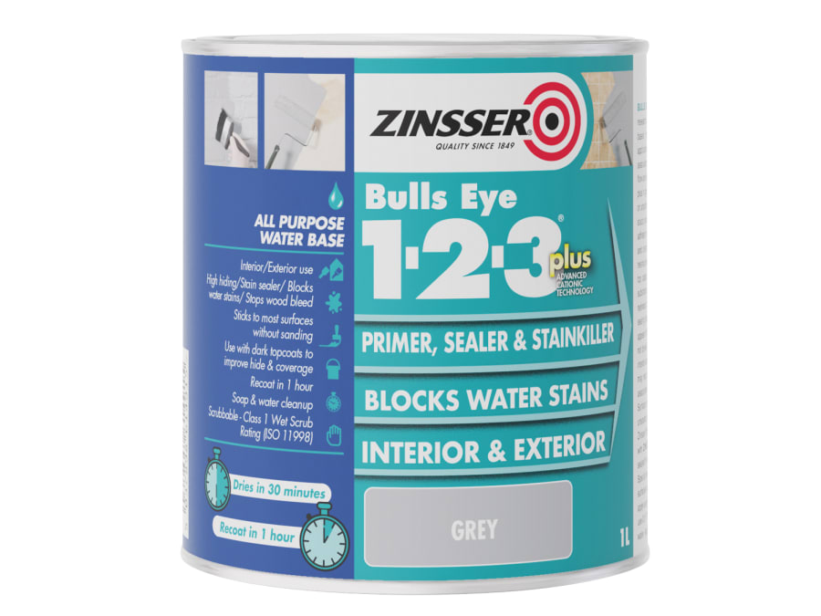 Zinsser ZN7190353D1 Bulls Eye 1-2-3 Plus Primer Sealer & Stain Killer Grey 1 Litre