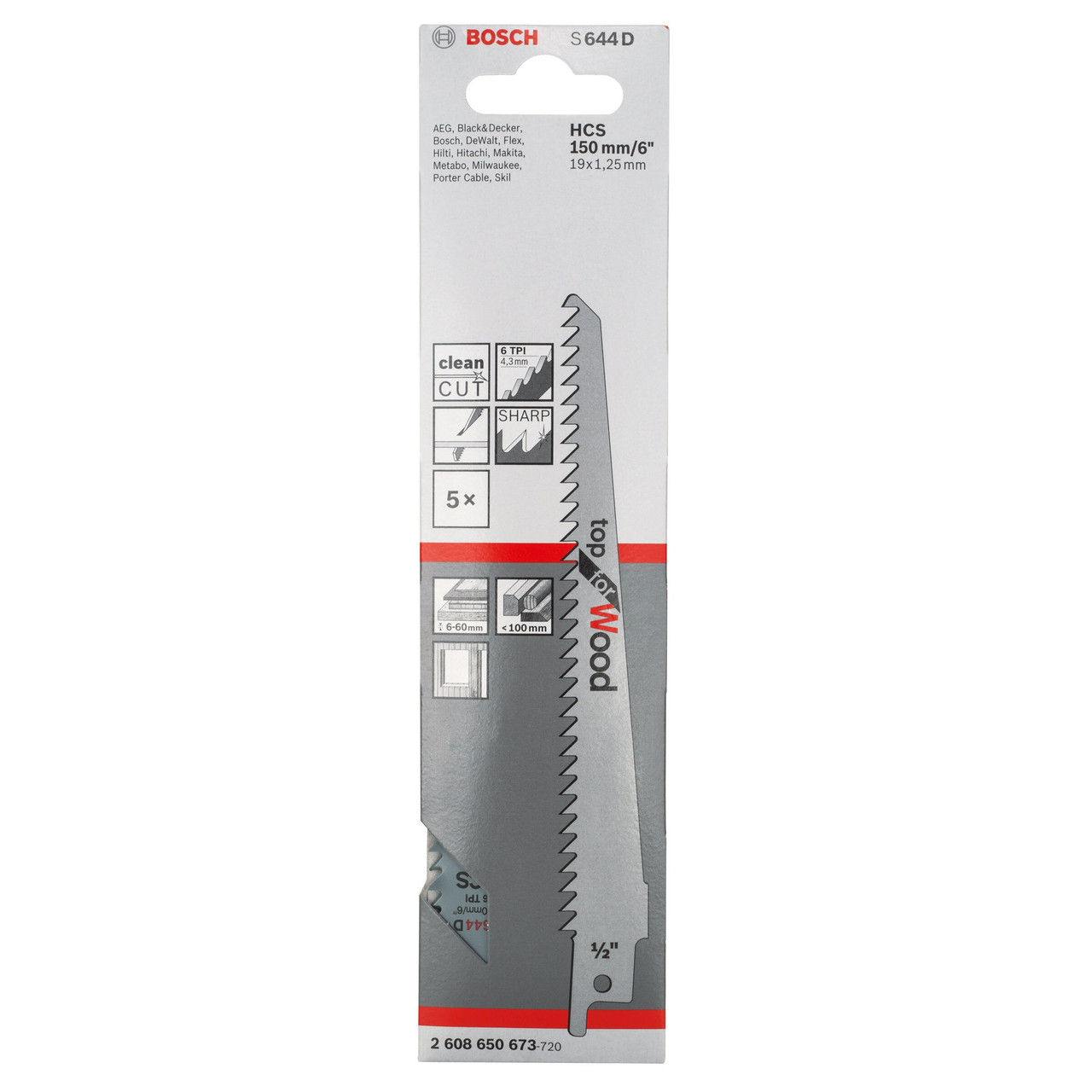 Bosch S644D 150mm Reciprocating Saw Blade for Wood (Pack of 5)
