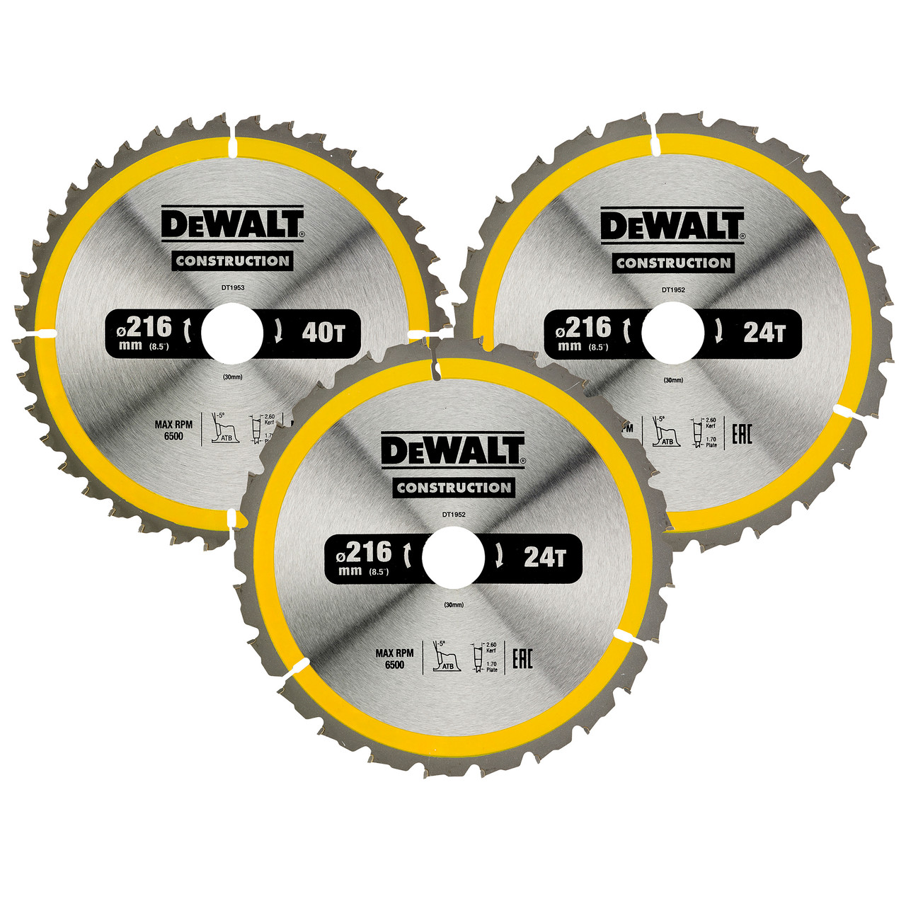 Dewalt DT1962 216mm Circular Saw Blade Set with 3 Blades