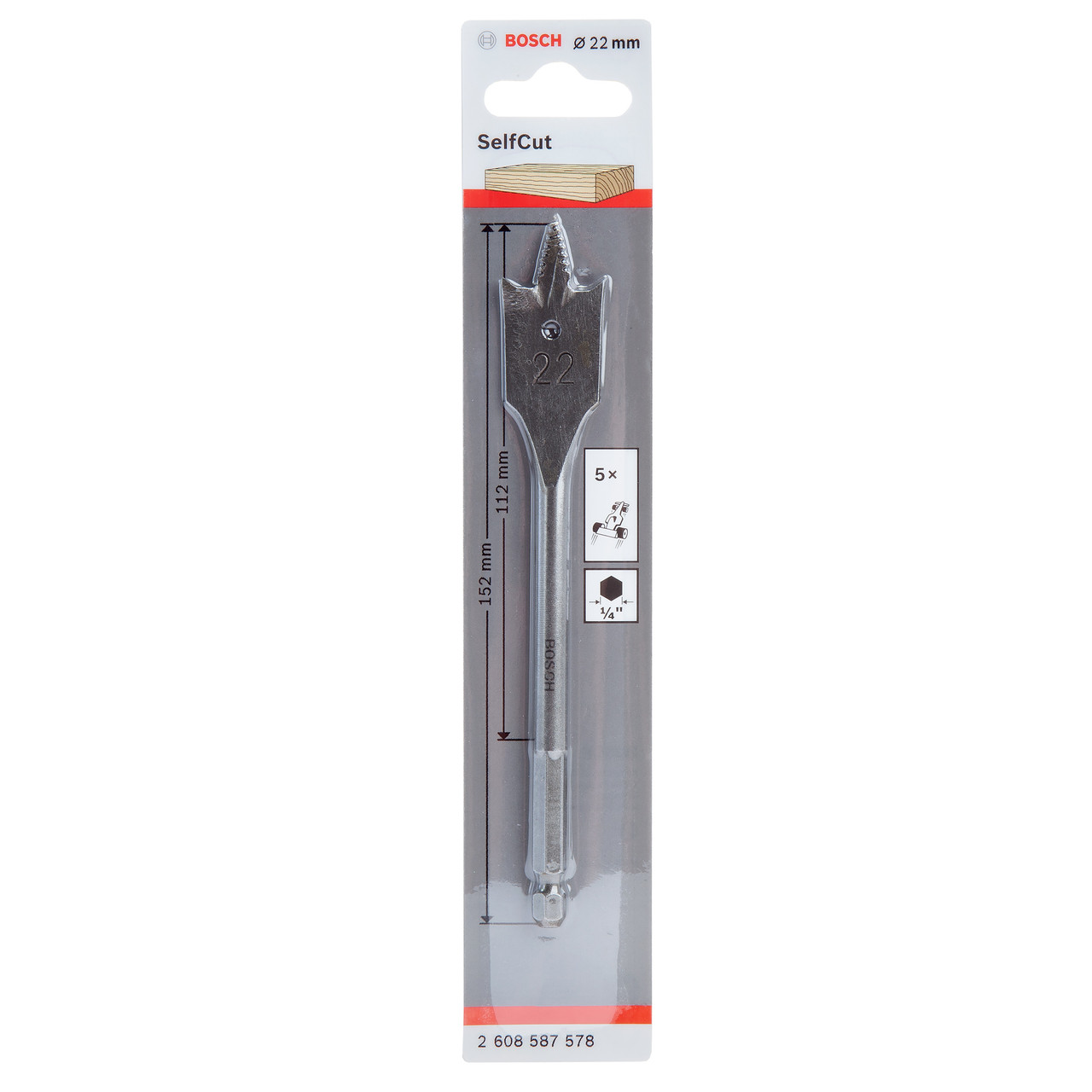 Bosch 2608587578 Self Cut Flat Drill Bit with Hex Shank 22 × 152mm