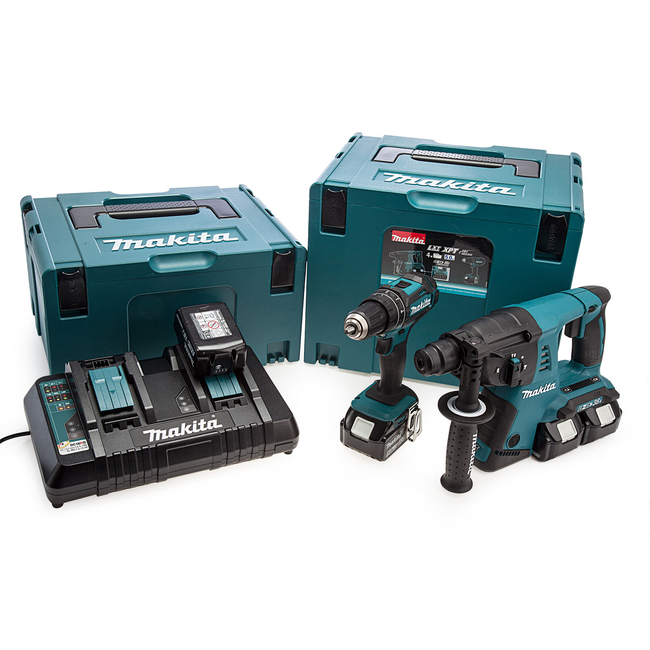 Makita DLX2137PTJ 18V Combi Drill & SDS+ Rotary Hammer Twin Pack with 4 × 5.0Ah Batteries