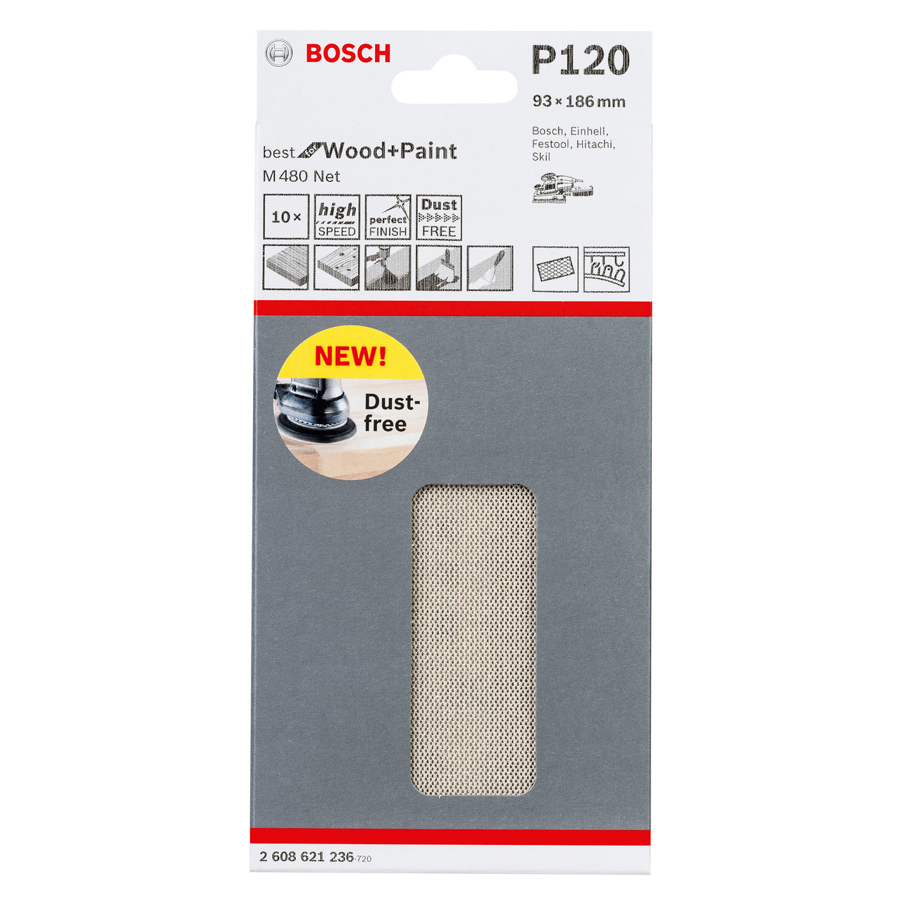 Bosch 2608621236 M480 1/3 Net Sanding Sheet 120 Grit 93x186mm (Pack of 10)