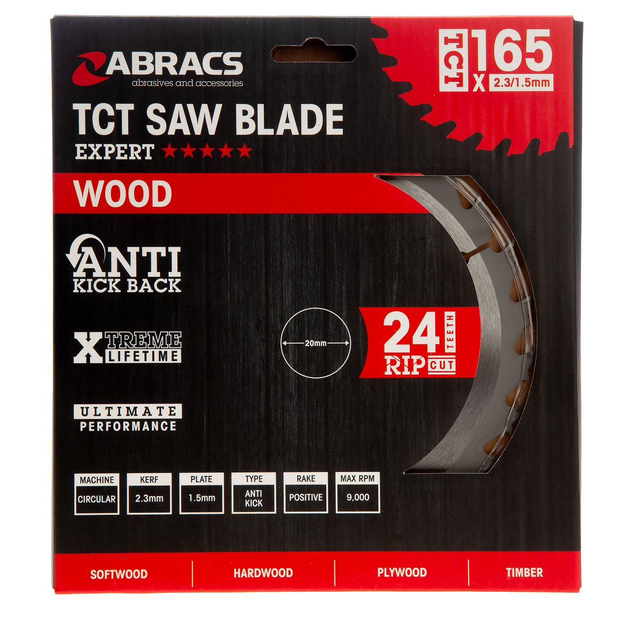 Abracs TCT16524 165 × 20mm × 24T Expert TCT Circular Saw Blade for Wood