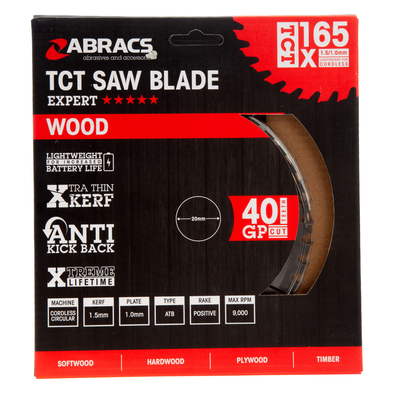 Abracs TCTC16540 165 × 20mm × 40T TCT Circular Saw Blade for Wood