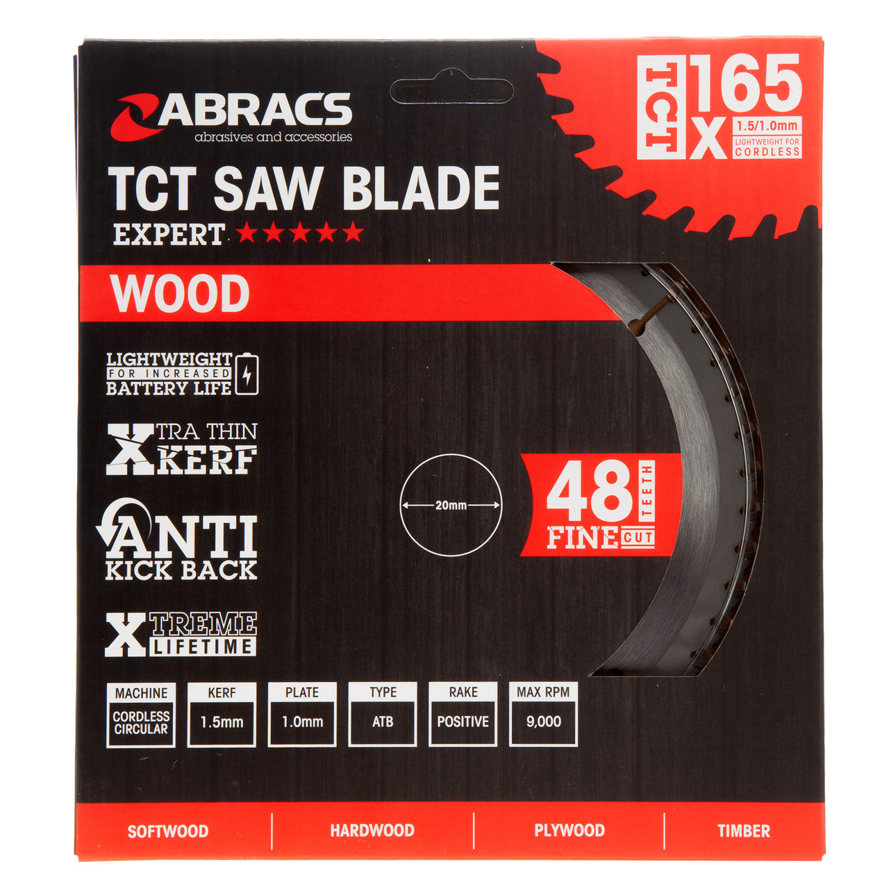 Abracs TCTC16548 165mm x 20mm x 48T TCT Circular Saw Blade for Wood