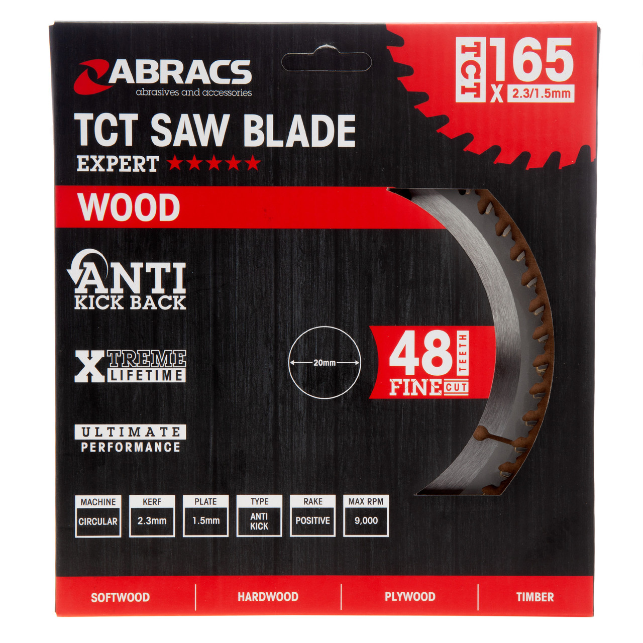 Abracs TCT16548 165mm × 20mm × 48T Expert TCT Circular Saw Blade for Wood