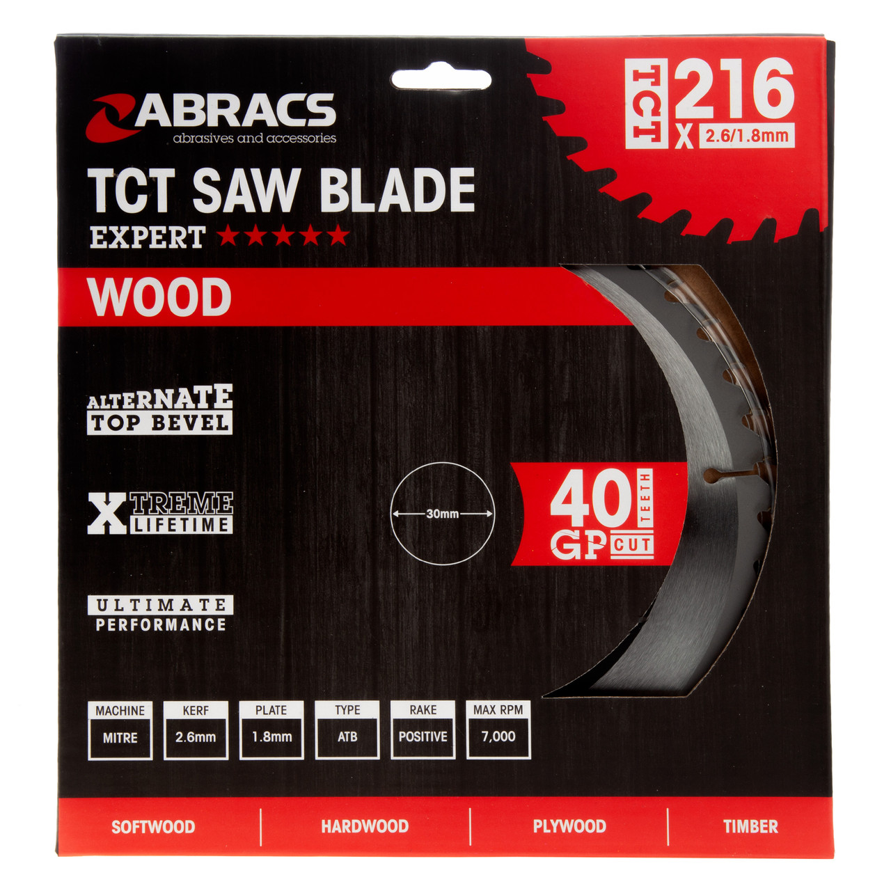 Abracs TCT21640 216mm x 30mm x 40T TCT Circular Saw Blade for Wood