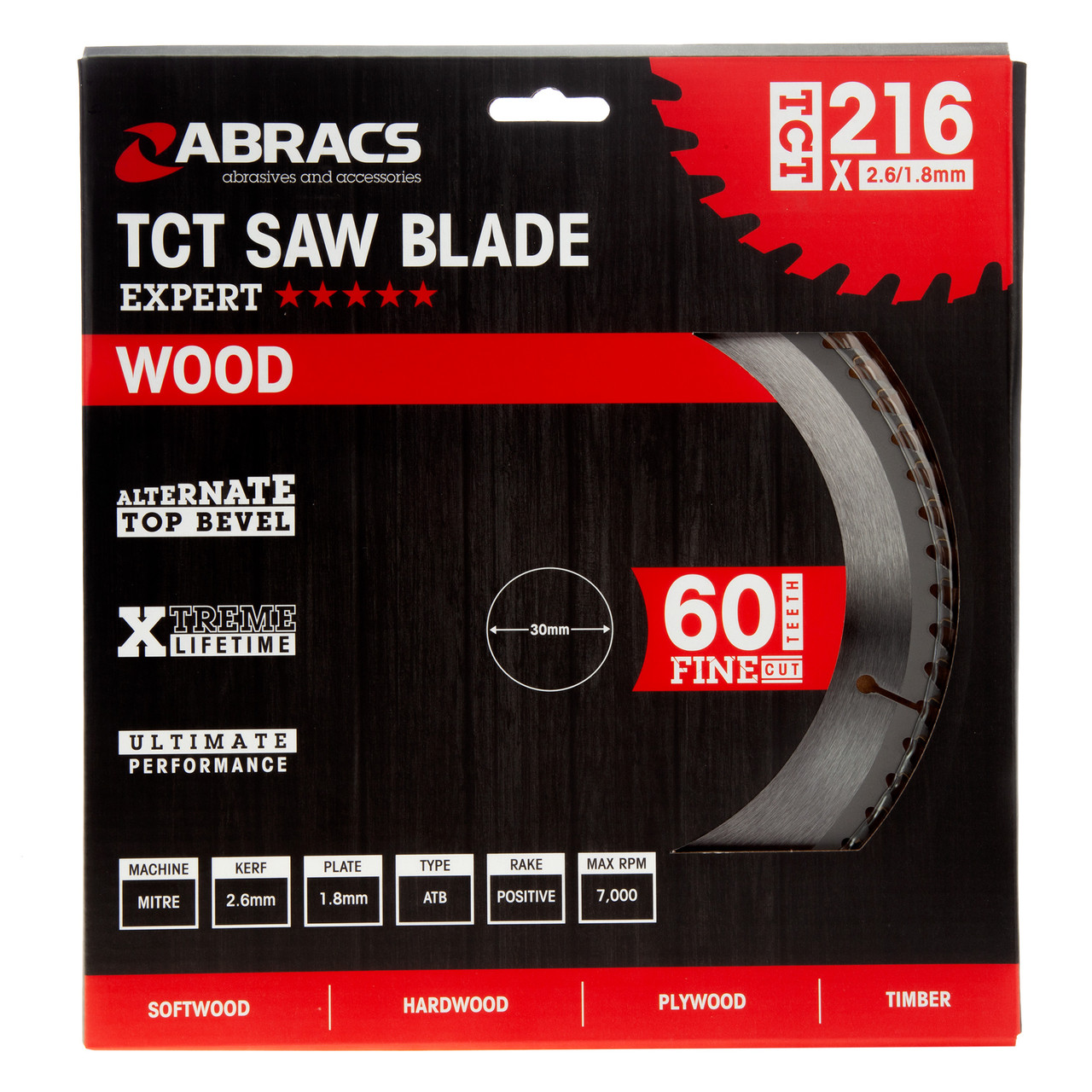 Abracs TCT21660 216mm x 30mm x 60T Expert TCT Circular Saw Blade for Wood