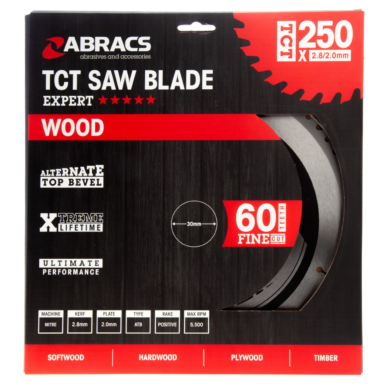 Abracs TCT25060 250 × 30mm × 60T Expert TCT Circular Saw Blade for Wood