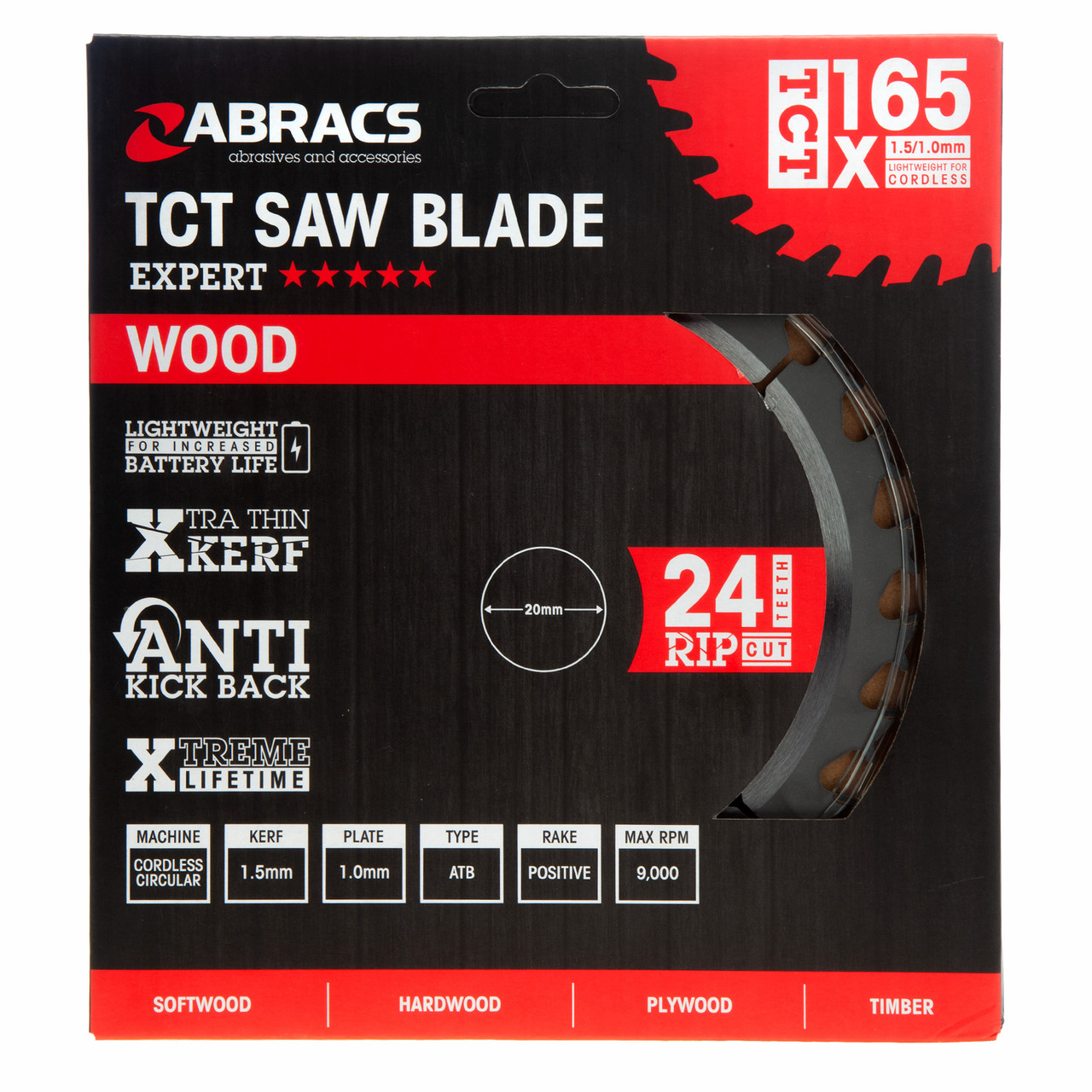 Abracs TCTC16524 165 × 20mm × 24T TCT Circular Saw Blade for Wood