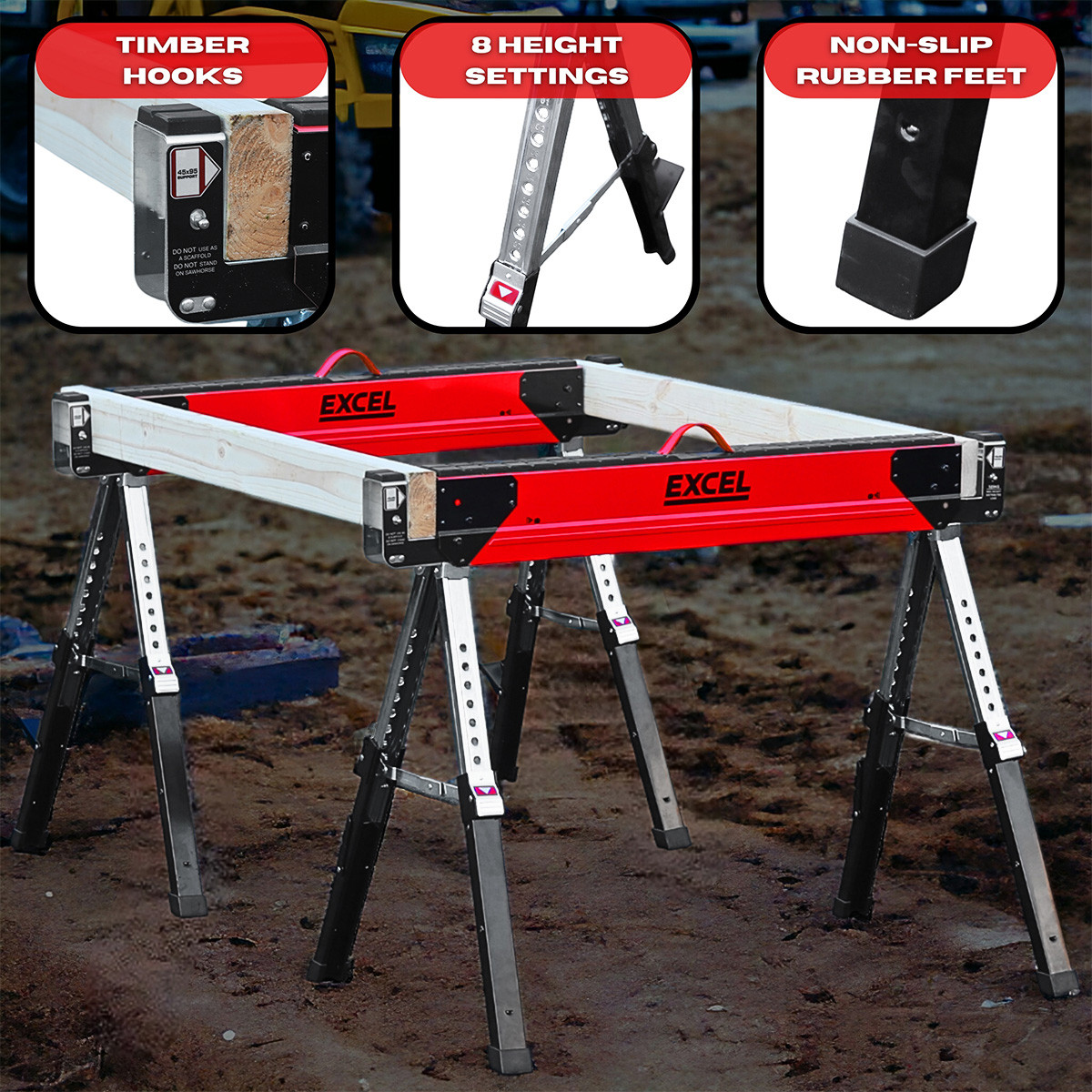 Excel 6288 Heavy-Duty Folding Sawhorse with Adjustable Legs (Twin Pack)