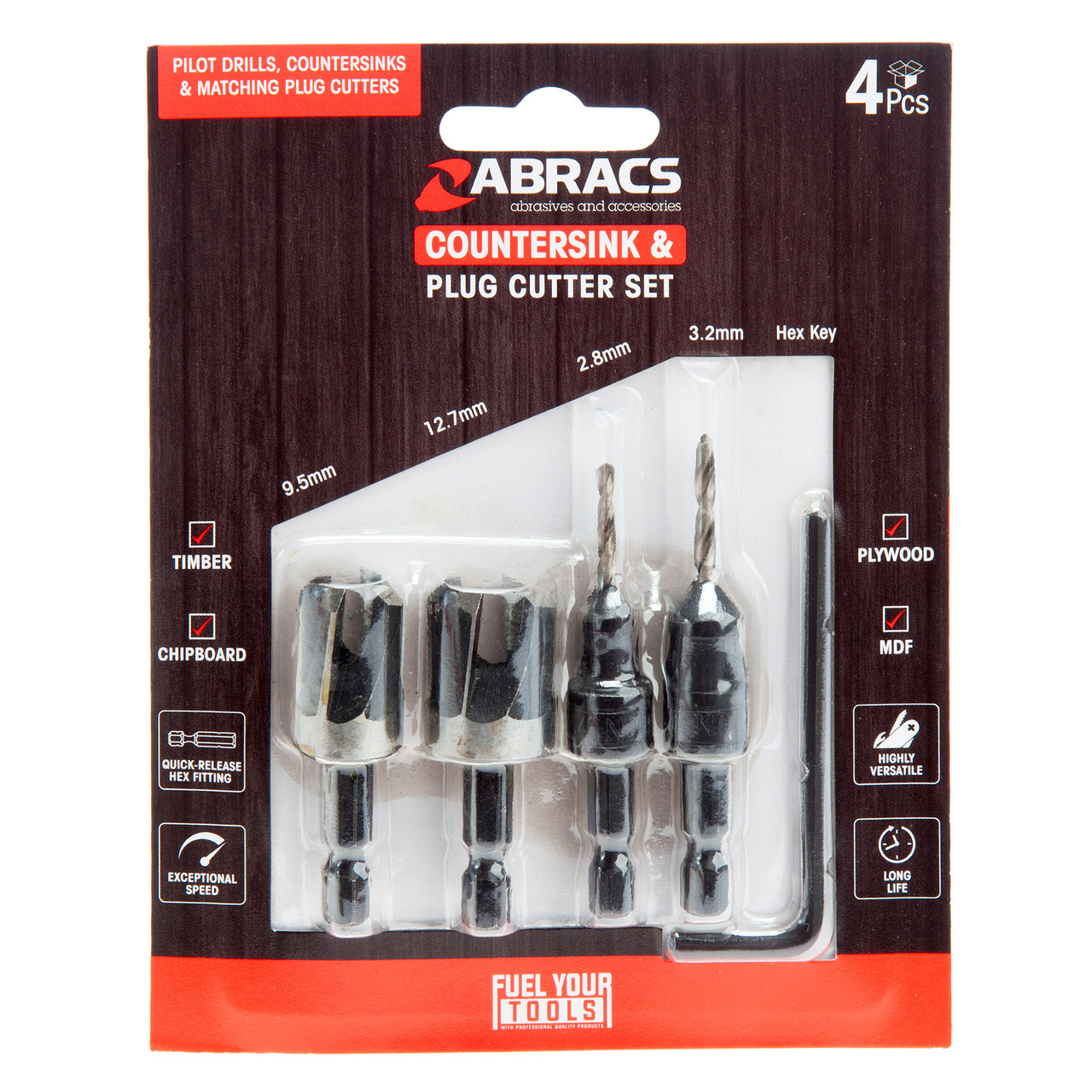 Abracs CSDBSET4 Countersink Drill Bit & Plug Cutter Set