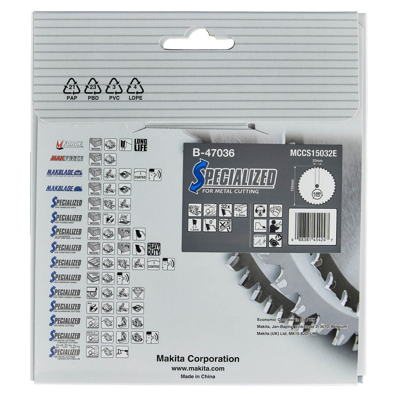 Makita B47036 150 × 20mm × 32T Circular Saw Blade for Metal
