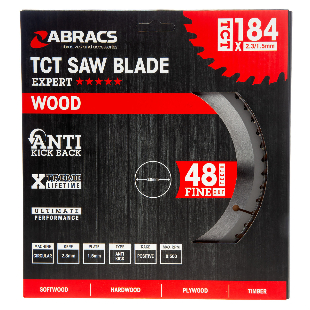 Abracs TCT18448 184 × 30mm × 48T Expert TCT Circular Saw Blade for Wood